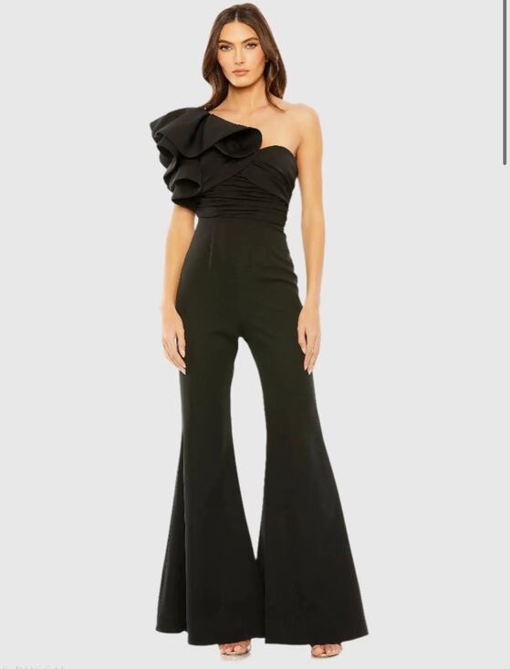 Mac Duggal Pants - Mac Duggal Black One Shoulder Ruffle Detail Flare Pant Jumpsuit